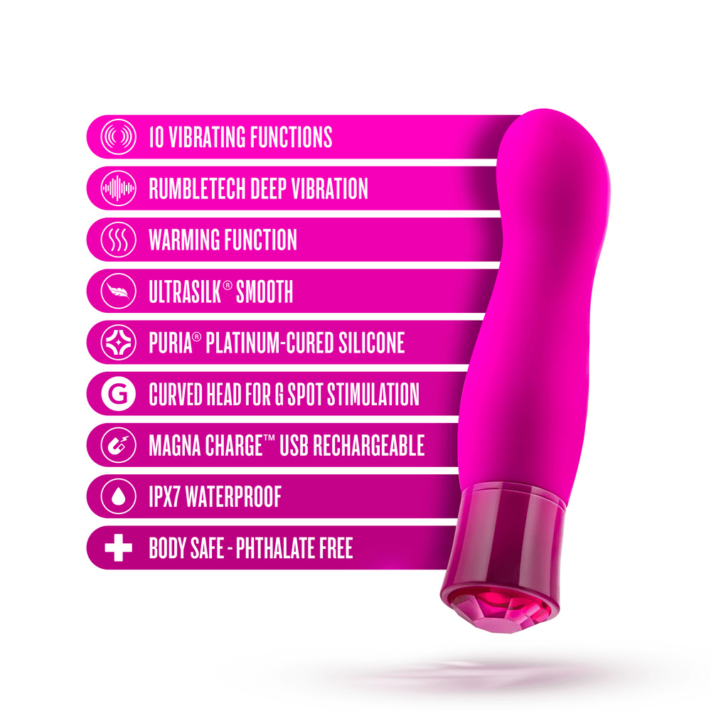 Blush Oh My Gem Exclusive Tourmaline bullet vibrator with icons and key features