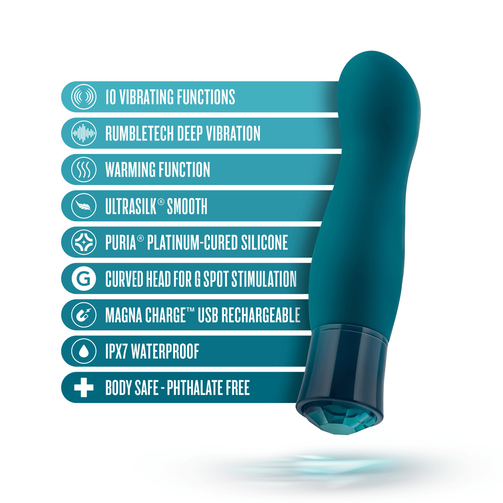 Blush Oh My Gem Fierce Blue Topaz bullet vibrator with icons and key features
