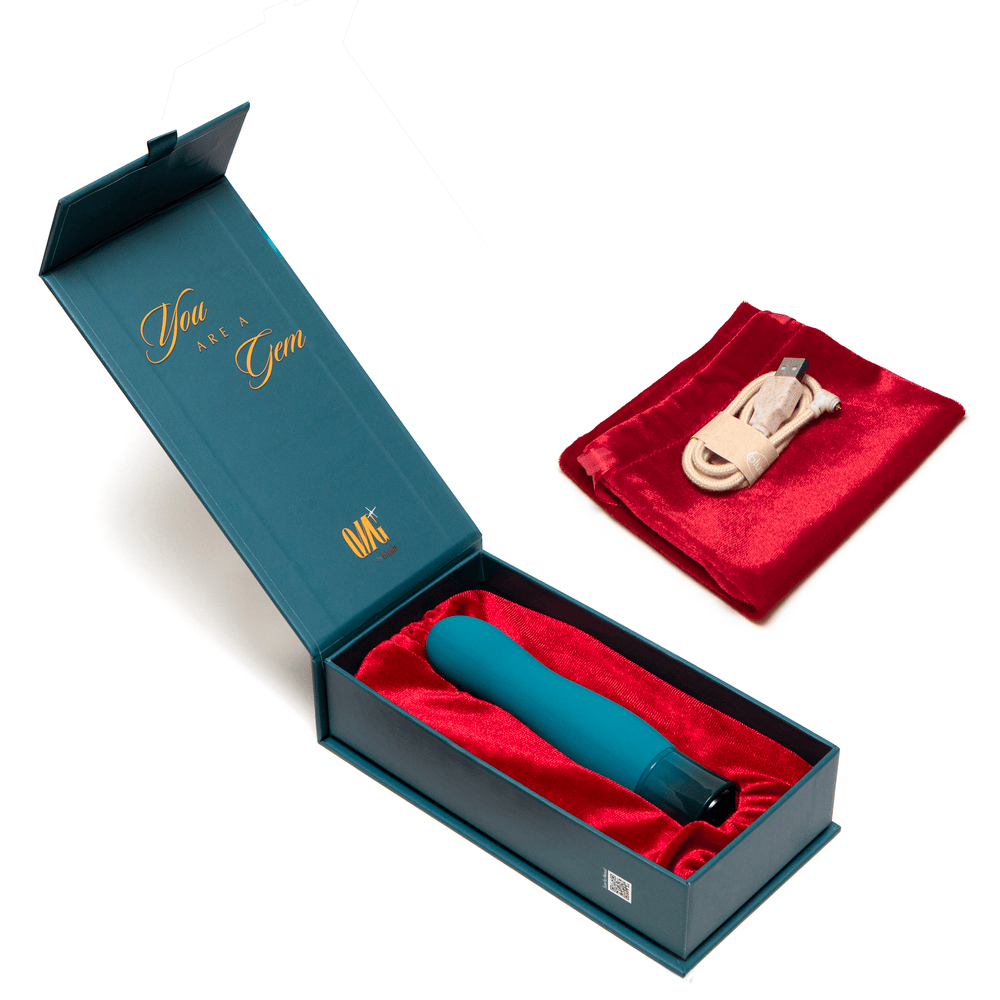 Blush Oh My Gem Fierce Blue Topaz bullet vibrator with open box and included accessories