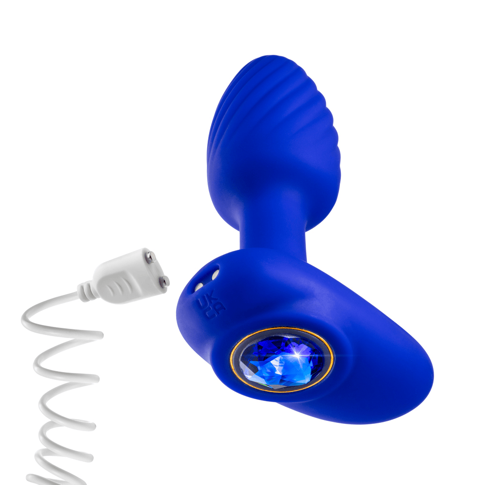 Blush Oh My Gem Mystery Plug Sapphire egg vibrator with power cord plugged in