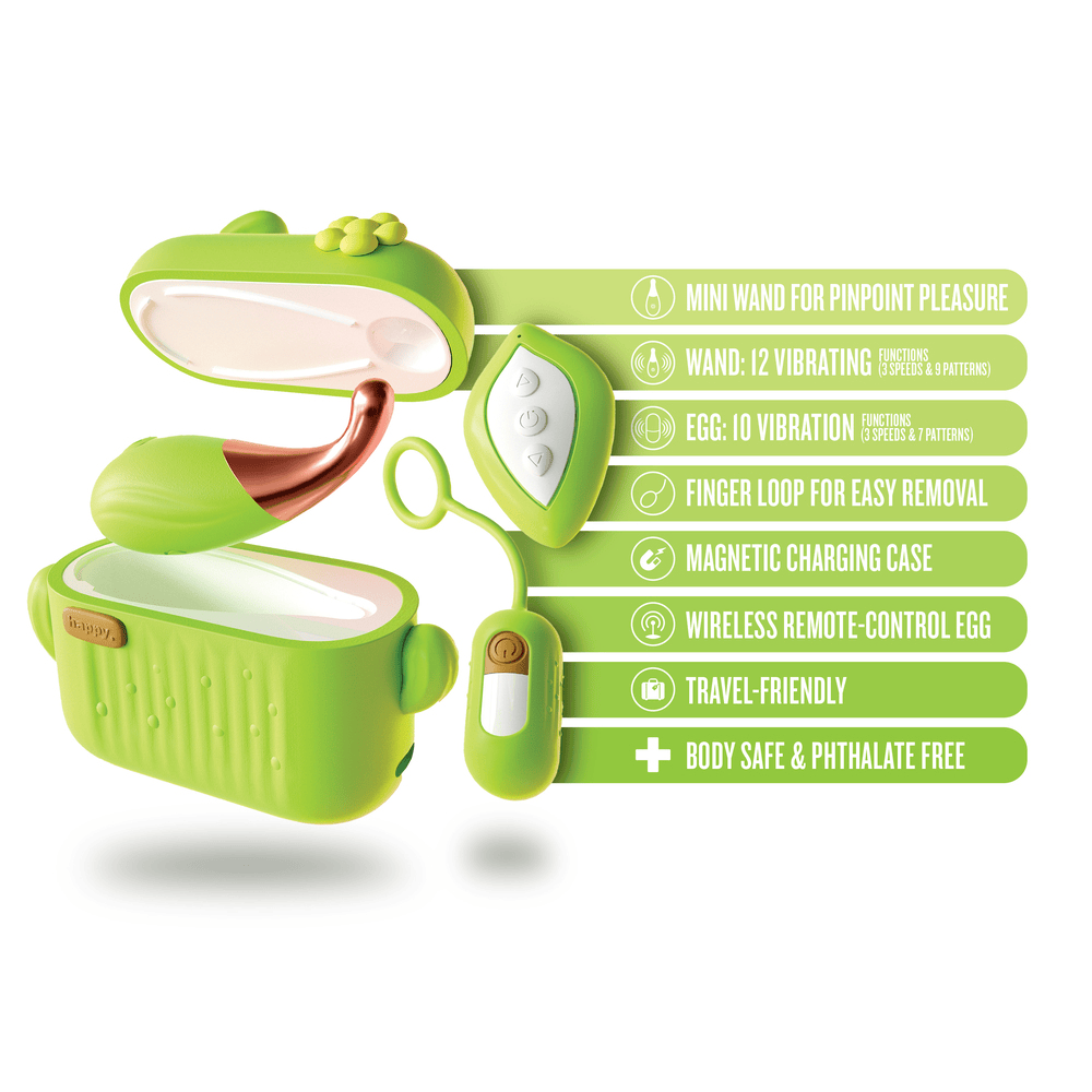 Blush Play With Me Blooming Bliss Green egg vibrator with icons and key features