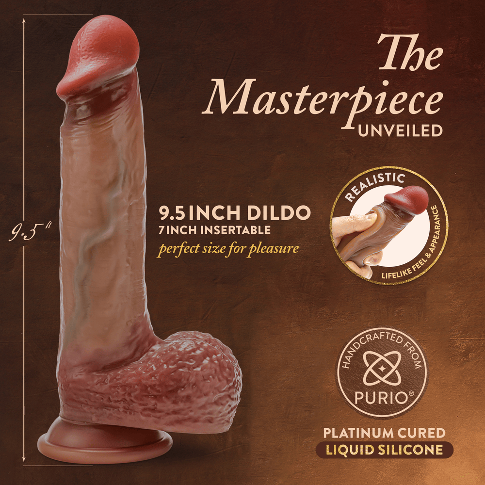 Blush Renaissance Raphael 9.5 Inch Sliding Foreskin Dildo with Squeezable Balls (Tan) product dimensions
