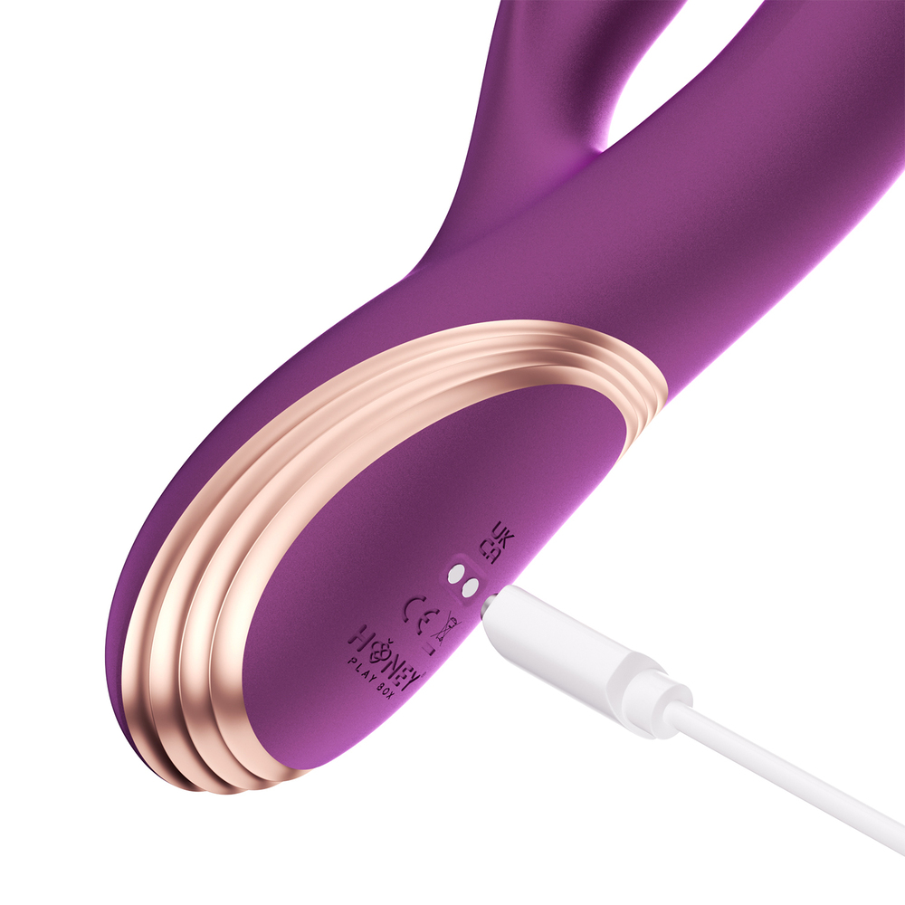Honey Play Box Gem App-Controlled Twin Balls Rabbit Vibrator with power cord plugged in