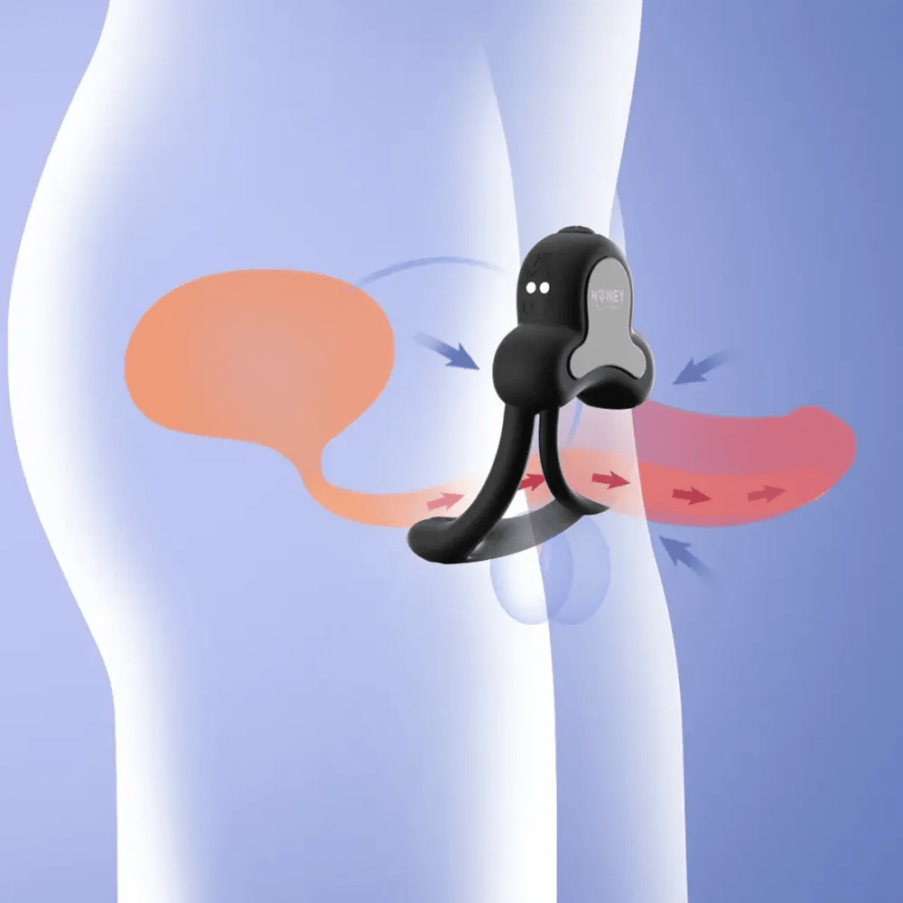 Honey Play Box Anello App-Controlled Vibrating Double Cock Ring illustration showing vibration and product positioning on penis/prostate