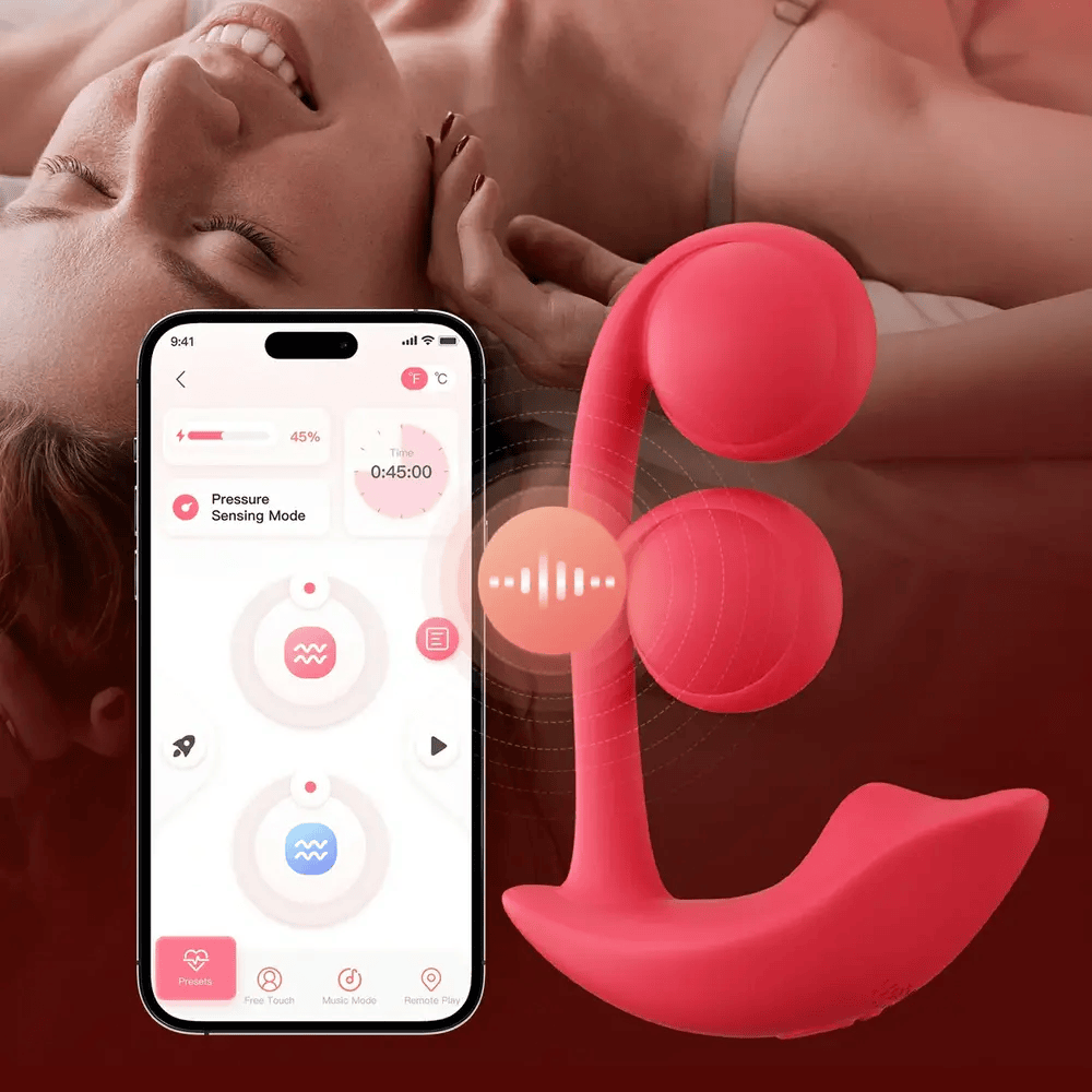 Honey Play Box Melody App-Controlled Kegel Ball Vibrator with mobile device showing app screen, with a photo of a woman in the background