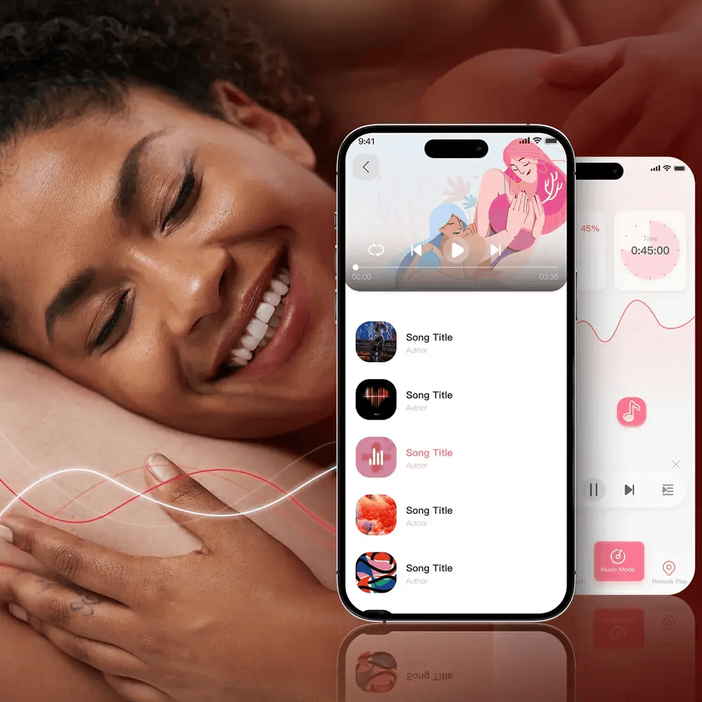 Honey Play Box Melody App-Controlled Kegel Ball Vibrator photo of a woman and app screens with music mode