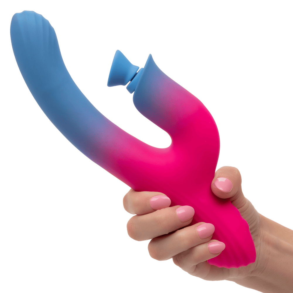 CalExotics Elation Dual Stimulator Rabbit Vibrator with Suction in woman's hand