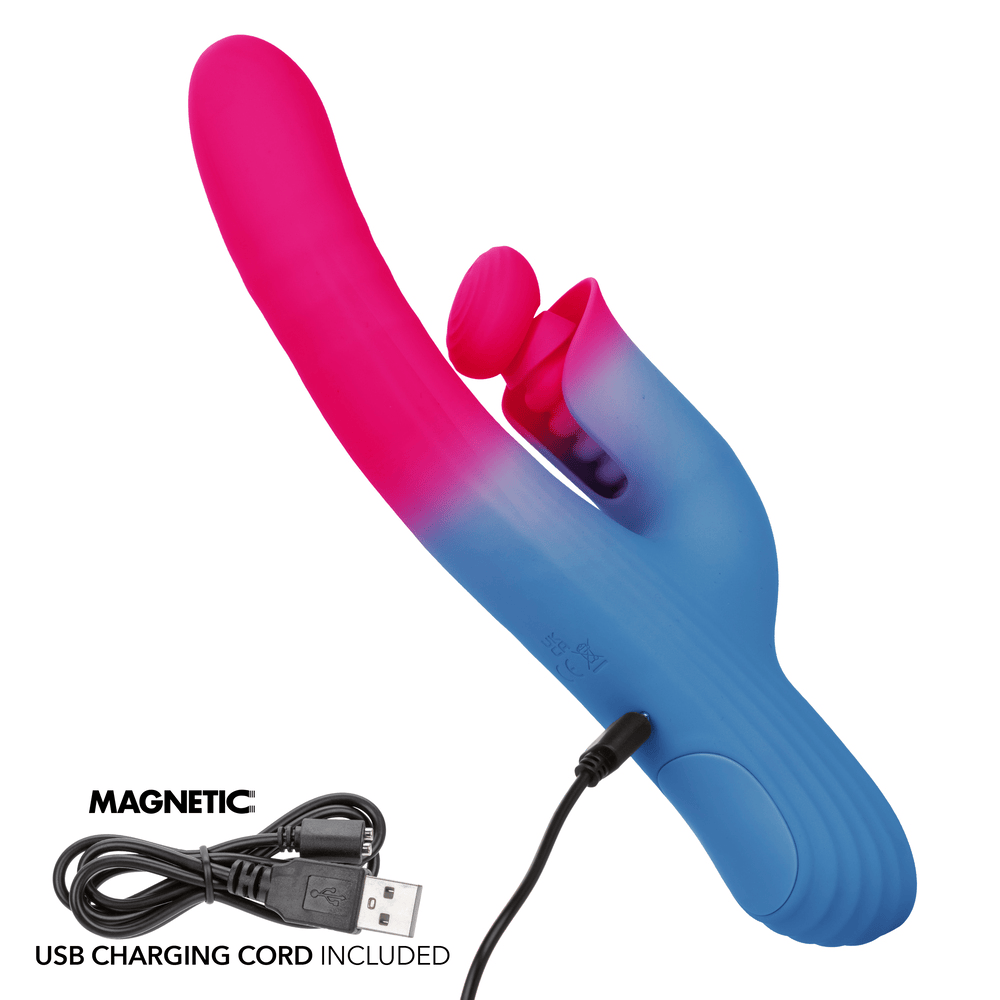 CalExotics Elation Thrusting Dual Stimulator Rabbit Vibrator with power cord plugged in