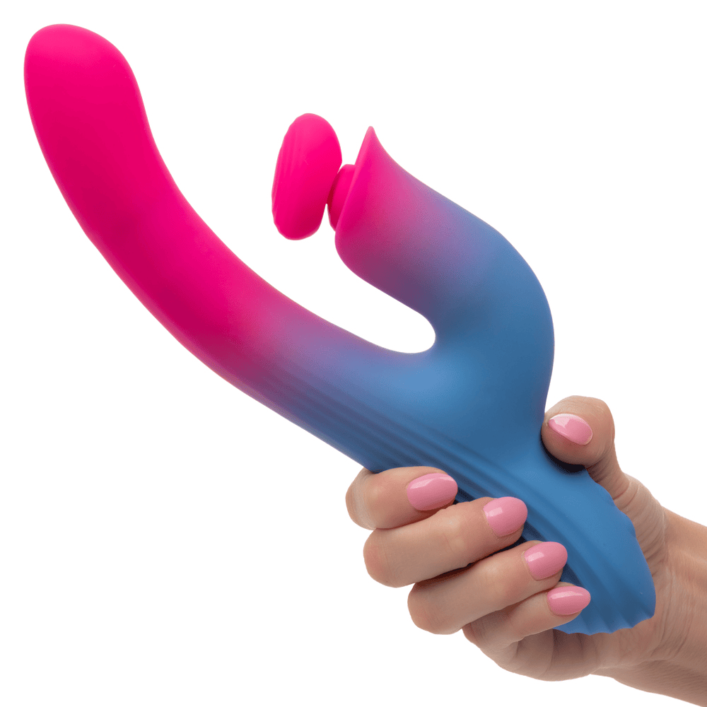 CalExotics Elation Thrusting Dual Stimulator Rabbit Vibrator in woman's hand