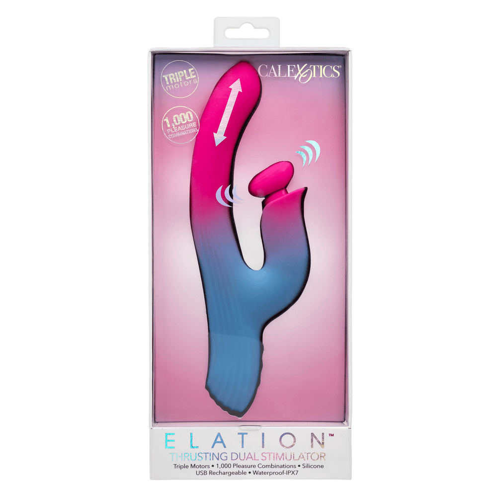 CalExotics Elation Thrusting Dual Stimulator Rabbit Vibrator box – front view