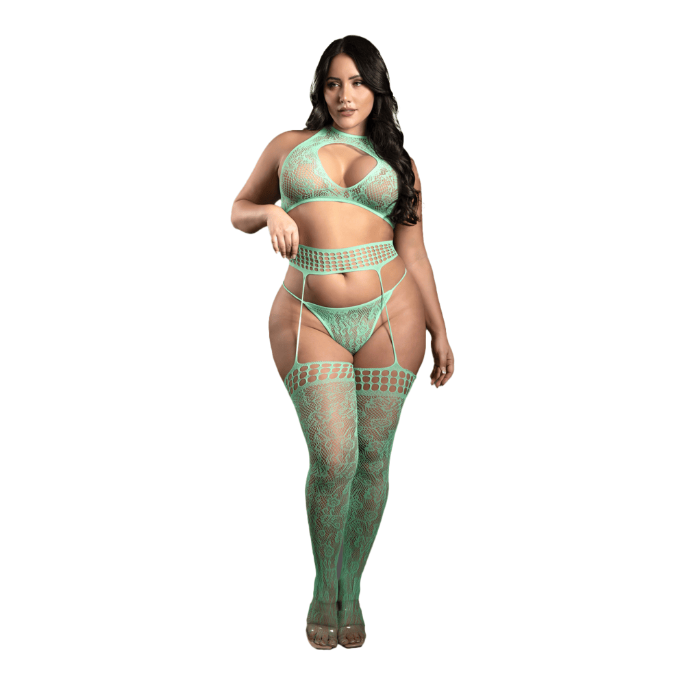 Heart of Glass Lace Knit Halter Tie Top, G-String Panty and Gartered Stockings