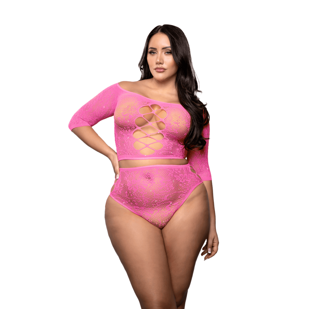 Wide Awake Rhinestone Lace Knit Off-Shoulder Top and Panty Dancewear Set