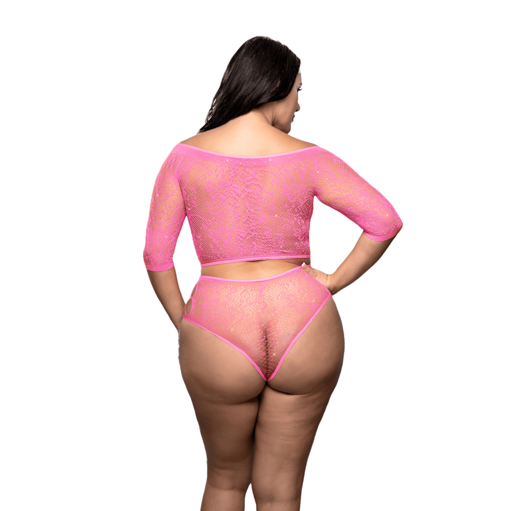 Wide Awake Rhinestone Lace Knit Off-Shoulder Top and Panty Dancewear Set