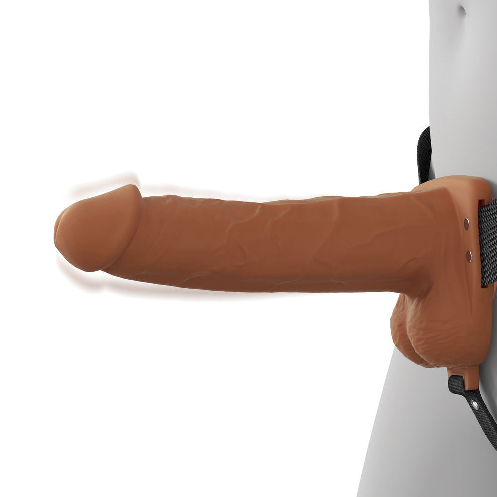 7\" VIBRATING HOLLOW SILICONE STRAP-ON - BROWN