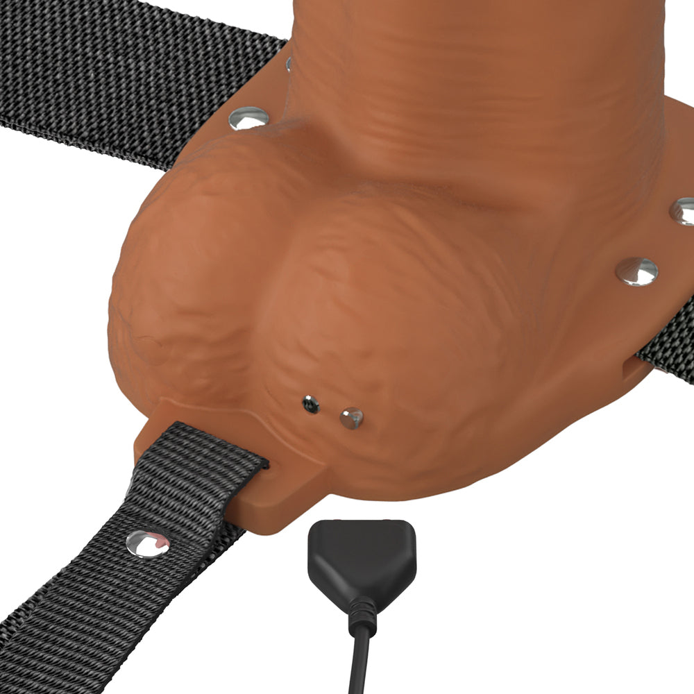 7\" VIBRATING HOLLOW SILICONE STRAP-ON - BROWN