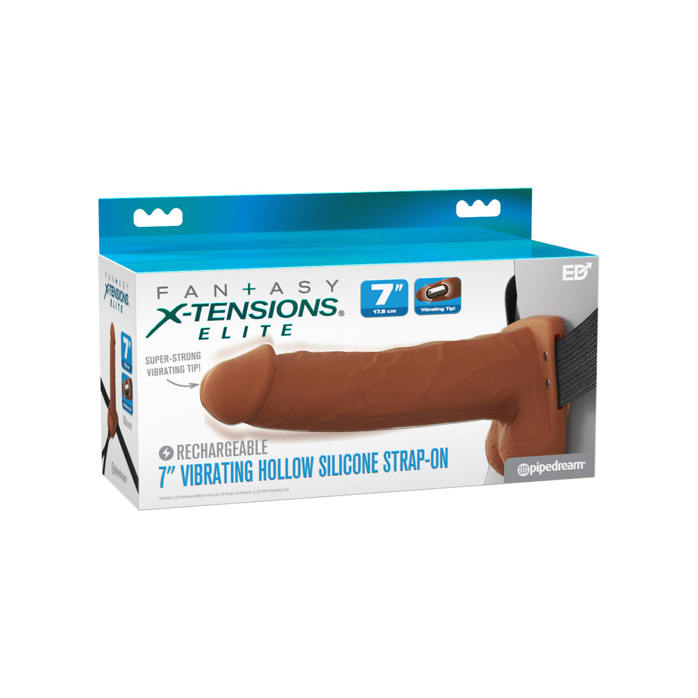 7\" VIBRATING HOLLOW SILICONE STRAP-ON - BROWN