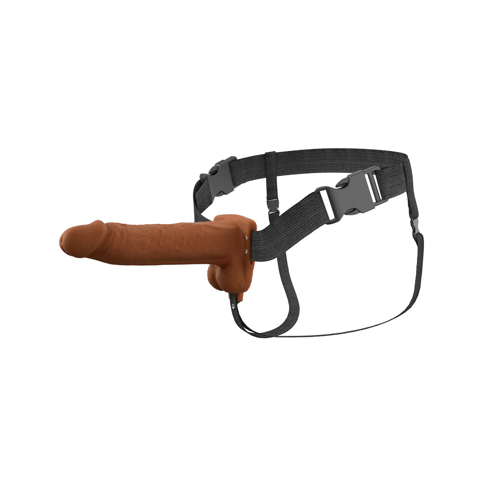 8\" VIBRATING HOLLOW SILICONE STRAP-ON - BROWN