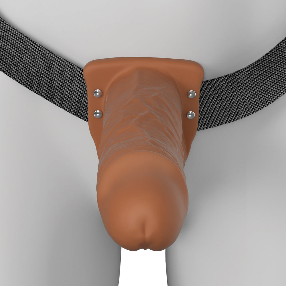 8\" VIBRATING HOLLOW SILICONE STRAP-ON - BROWN