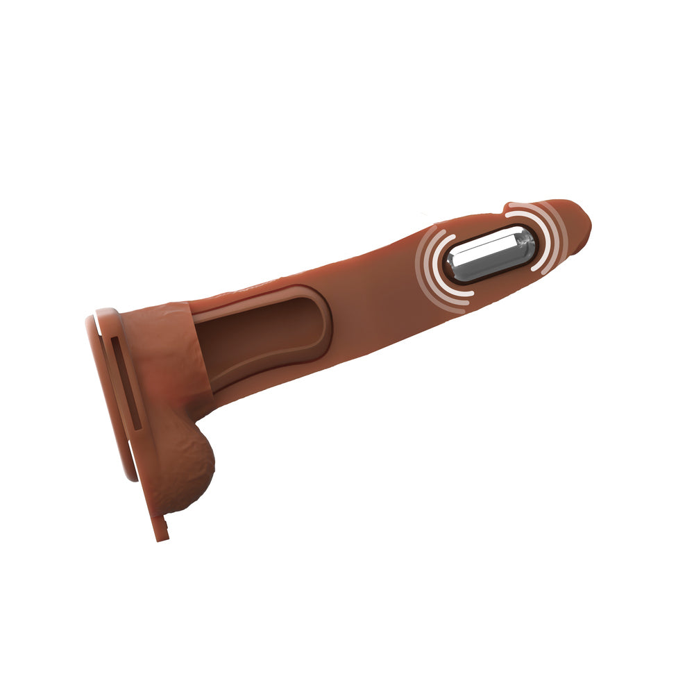 8\" VIBRATING HOLLOW SILICONE STRAP-ON - BROWN