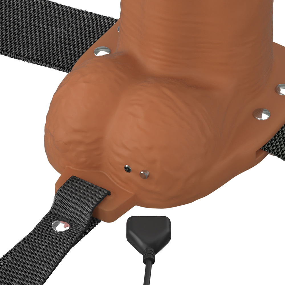8\" VIBRATING HOLLOW SILICONE STRAP-ON - BROWN