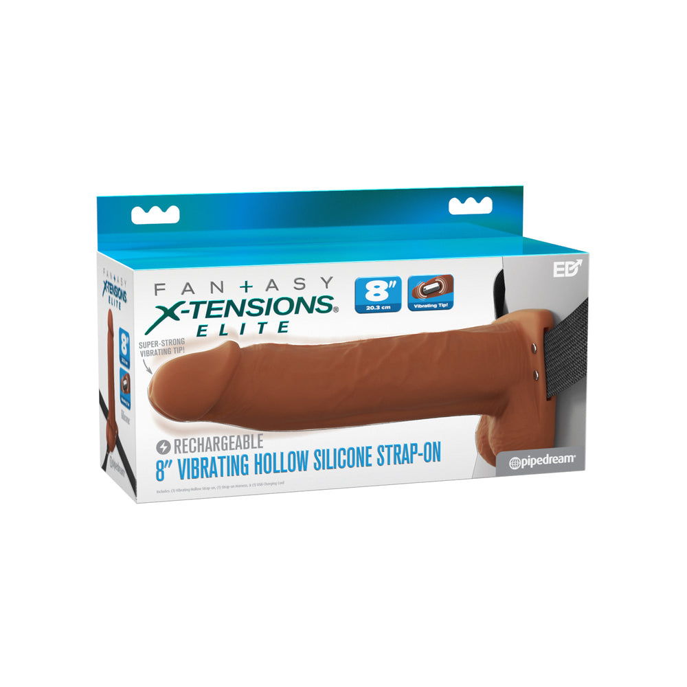8\" VIBRATING HOLLOW SILICONE STRAP-ON - BROWN