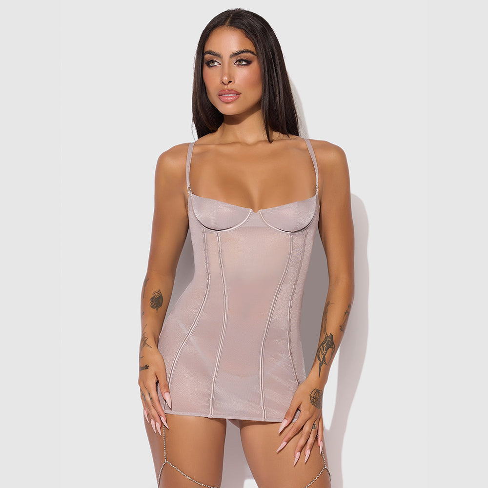 PRESLEY SHINE MESH & RHINESTONE CHEMISE & G-STRING SET - M