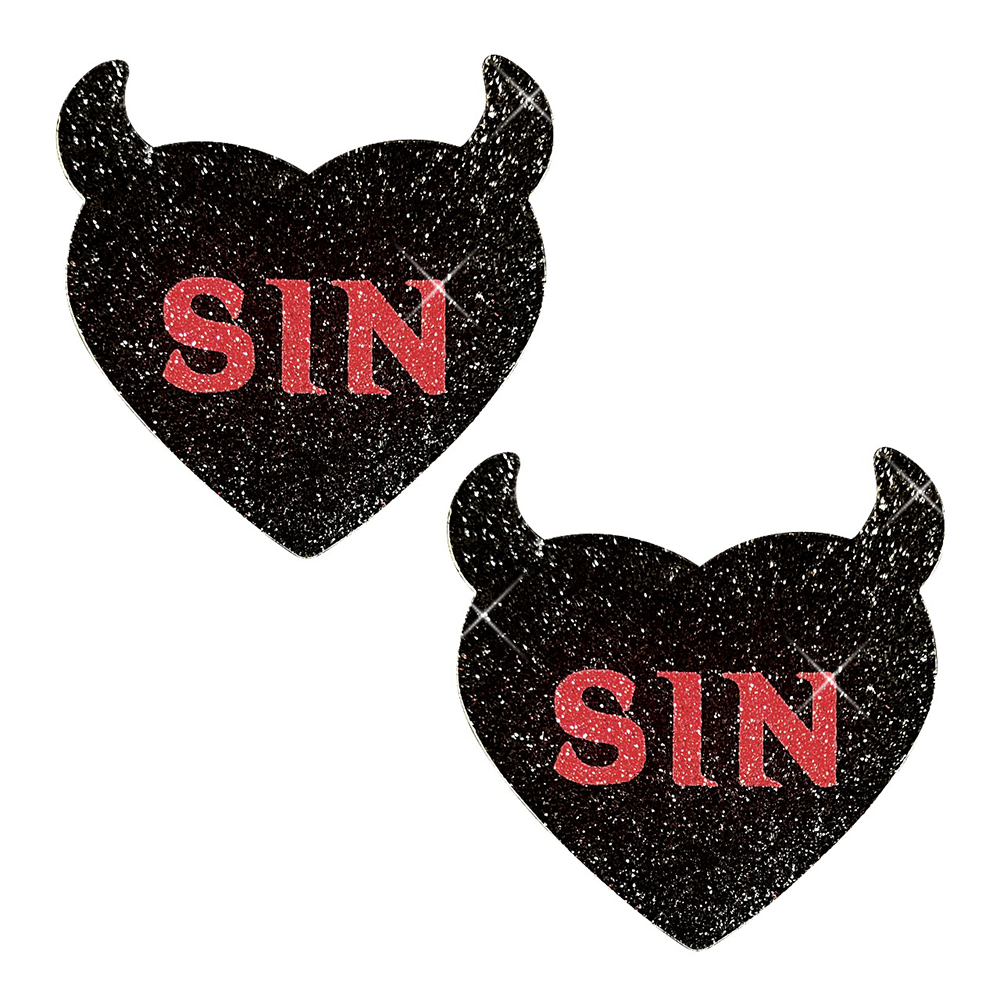 SIN CITY BLACK DEVIL GLITTER HEART NIPPLE COVER PASTIES