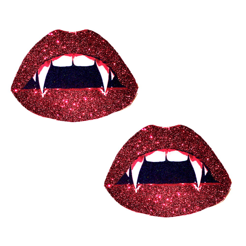 VAMPIRE FANG RED GLITTER LIP BLACKLIGHT NIPPLE COVER PASTIES