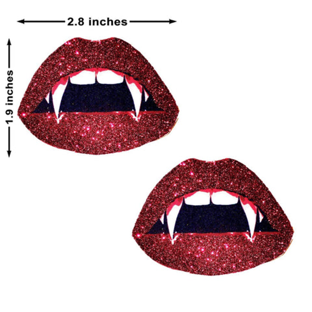 VAMPIRE FANG RED GLITTER LIP BLACKLIGHT NIPPLE COVER PASTIES