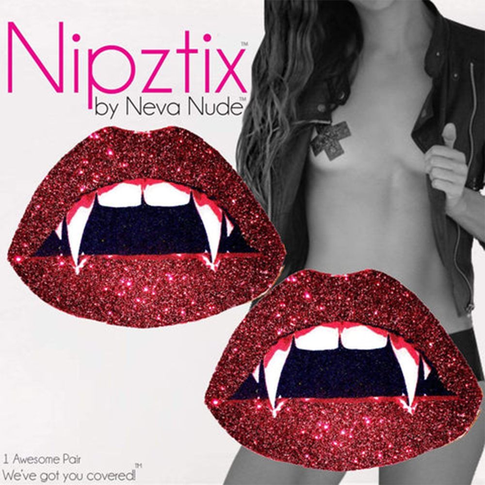 VAMPIRE FANG RED GLITTER LIP BLACKLIGHT NIPPLE COVER PASTIES