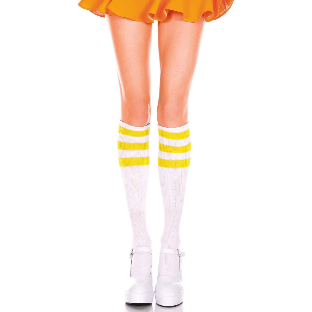 ACRYLIC KNEE-HIGH - WHITE WITH YELLOW STRIPES - O/S