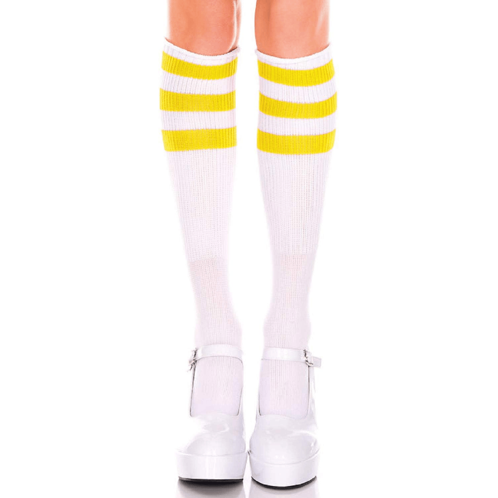 ACRYLIC KNEE-HIGH - WHITE WITH YELLOW STRIPES - O/S