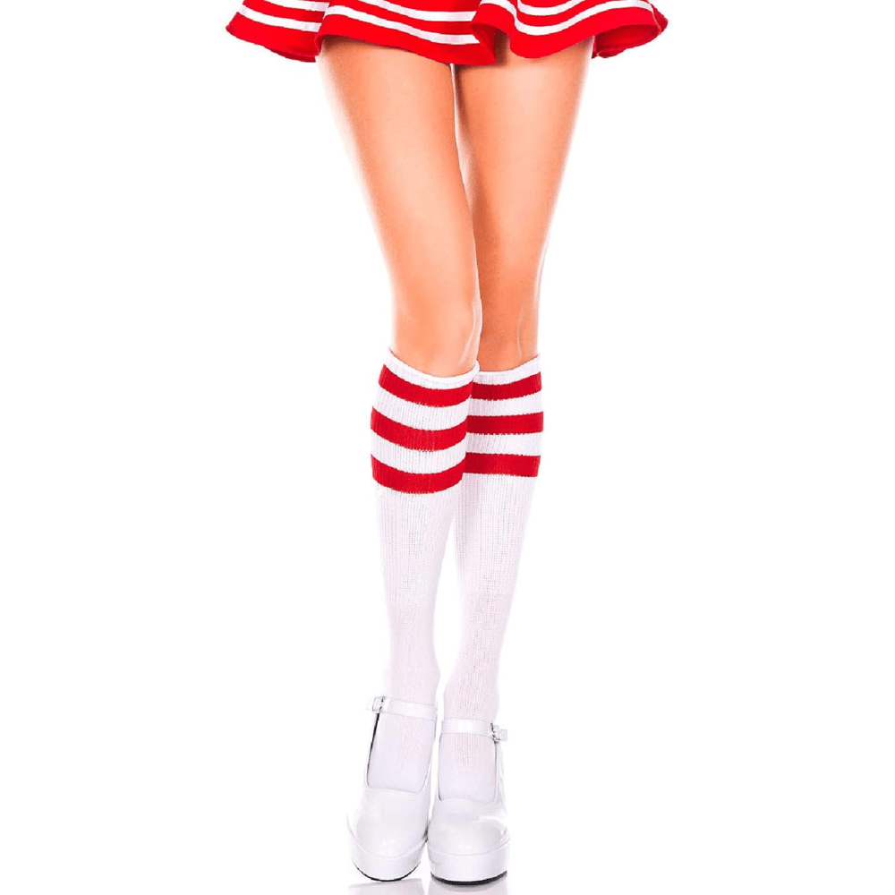 ACRYLIC KNEE-HIGH - WHITE WITH RED STRIPES - O/S