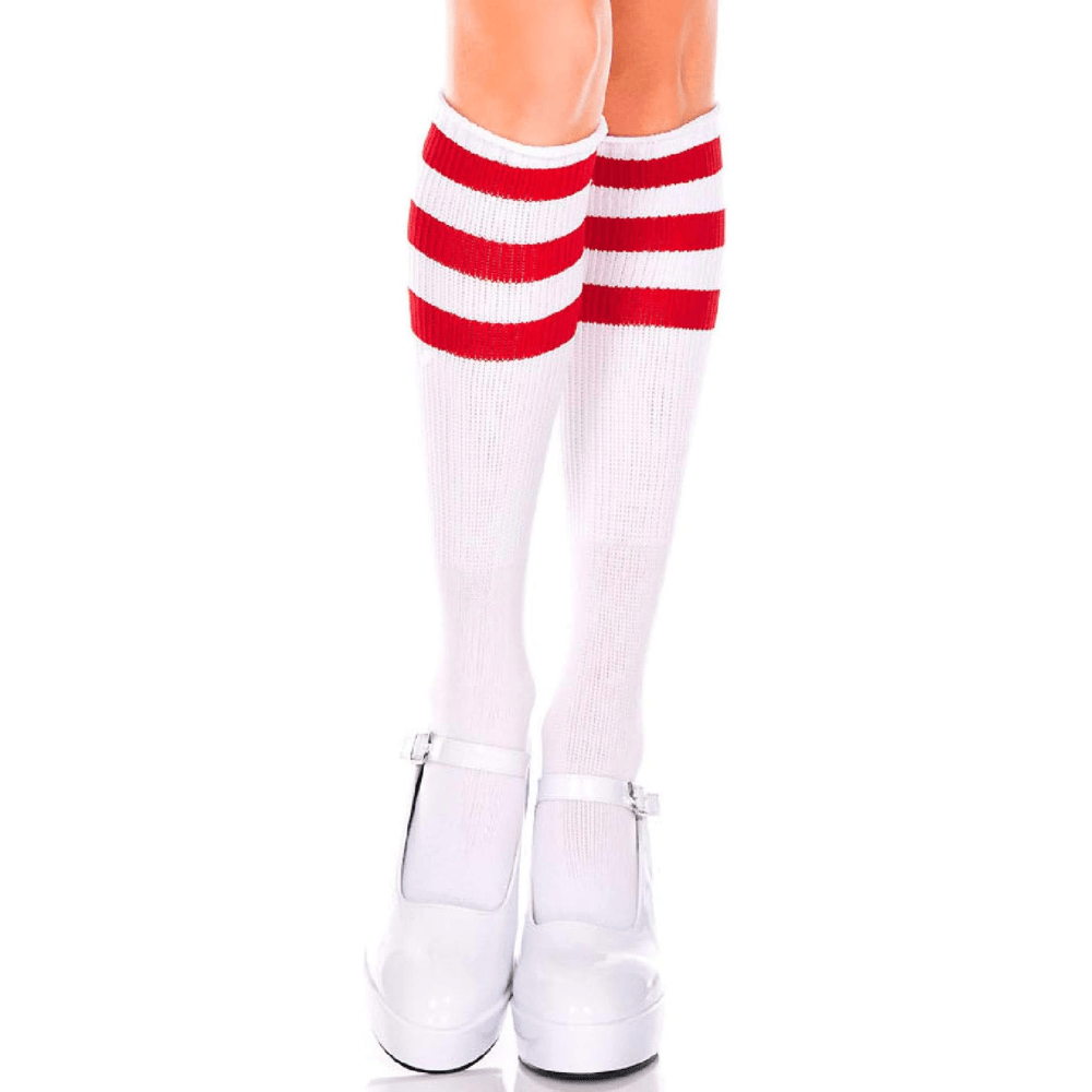 ACRYLIC KNEE-HIGH - WHITE WITH RED STRIPES - O/S