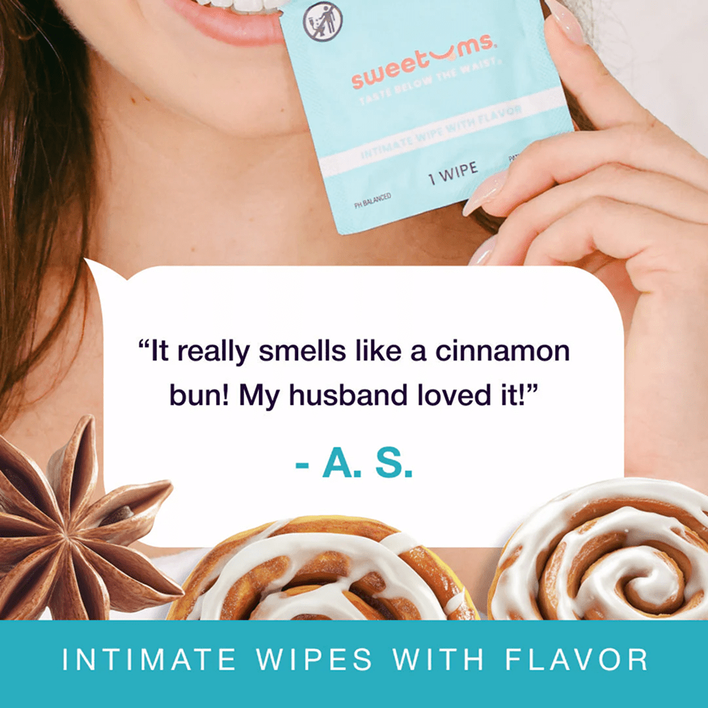 Sweetums intimate wipes with flavor packaging, cinnamon bun flavor, and customer testimonial