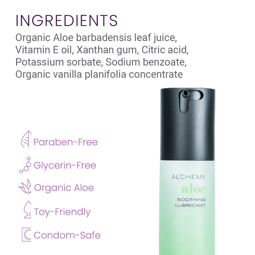 Alchemy Aloe lubricant bottle with ingredients and features