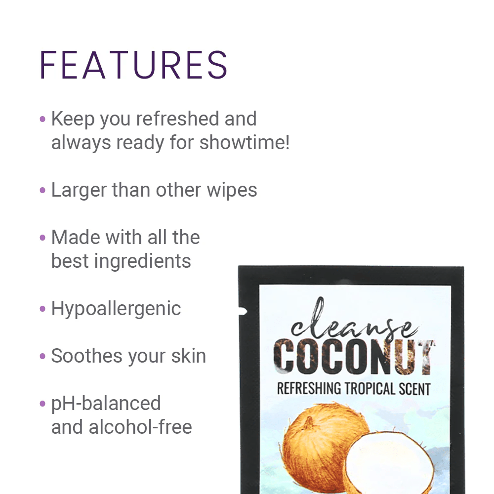 Alchemy Cleanse Coconut Scented Intimate Wipe packet with features list on a white background