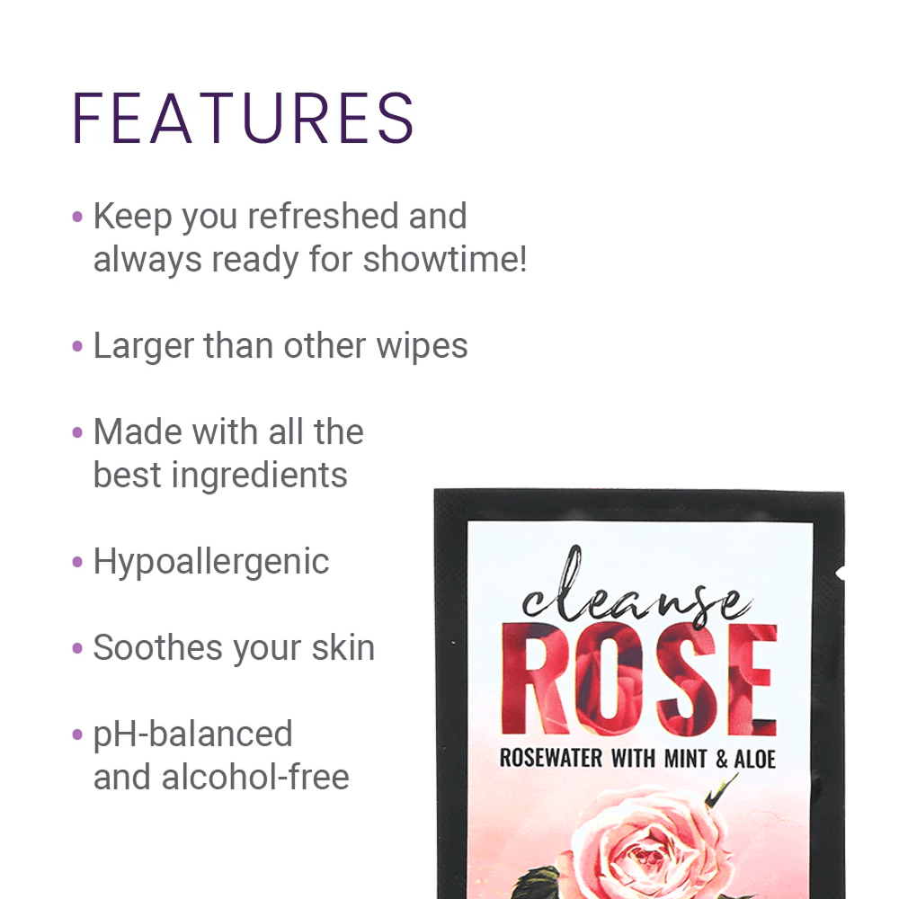 Alchemy Cleanse Rosewater Scented Wipes features and packaging on a white background