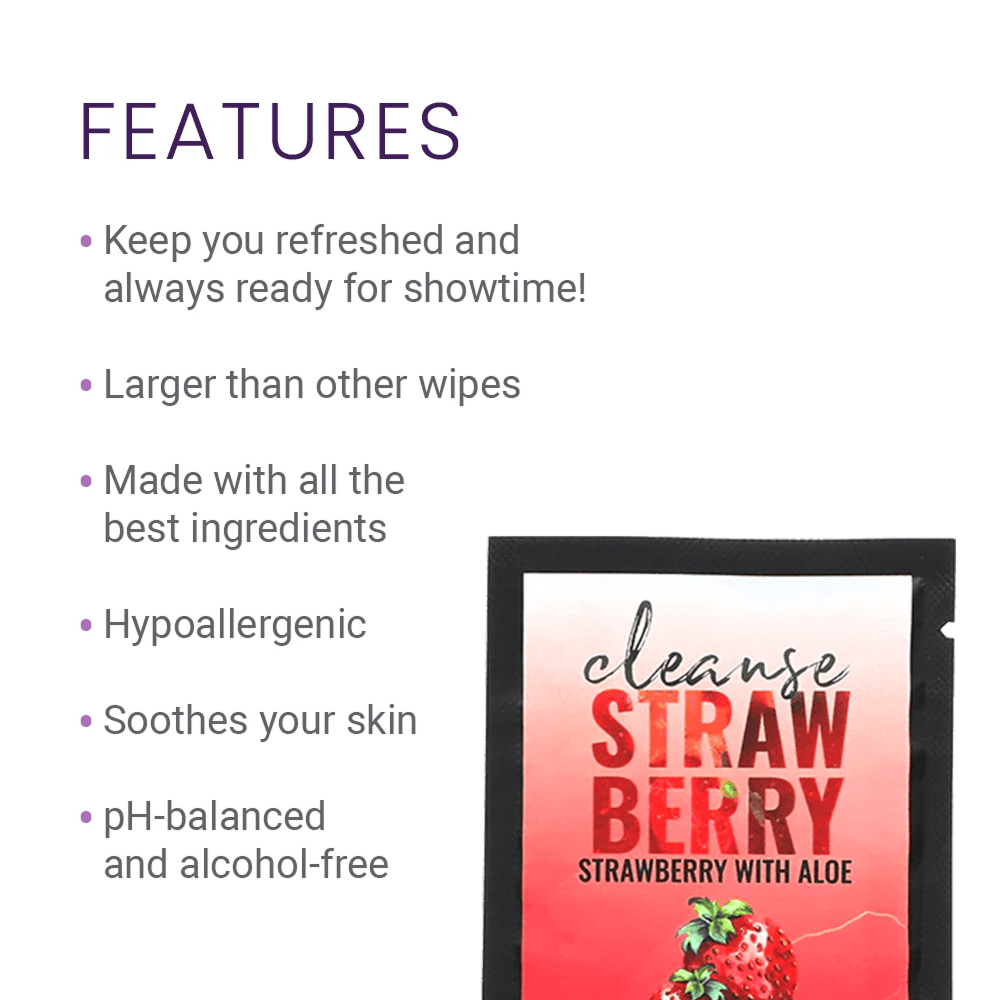 Alchemy Cleanse Strawberry intimate wipe packet product packaging with features listed on a white background