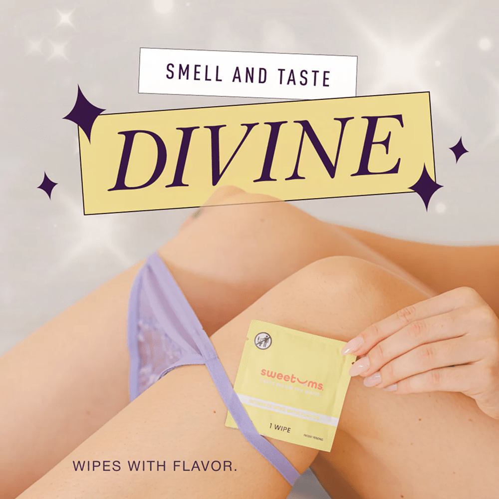 "Smell and taste divine: wipes with flavor" text on a photo of a woman's hand and bikini holding a Sweetums intimate wipe packet