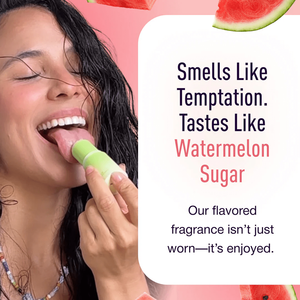 "Smells like temptation. Tastes like watermelon sugar" text on white background next to a photo of a woman putting Sweetums Sweet Spot flavored fragrance on her tongue