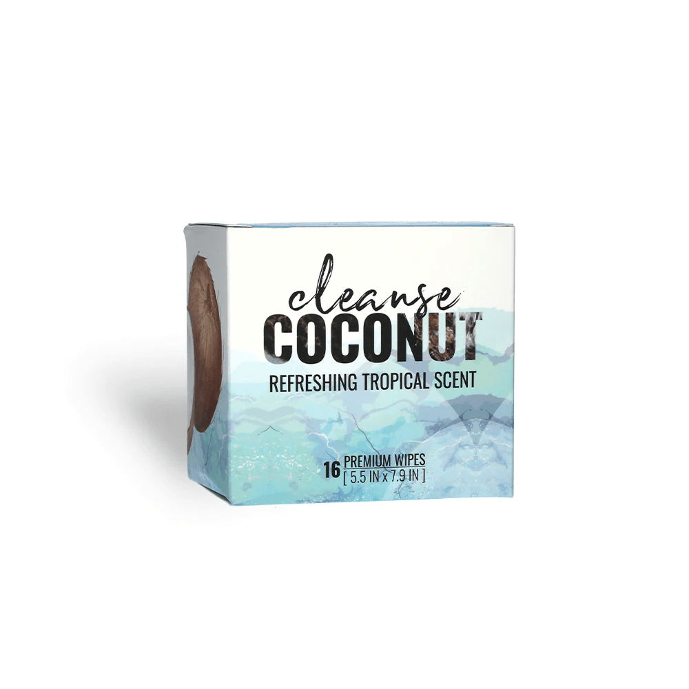 Box of Alchemy Cleanse Coconut refreshing tropical scent wipes on a white background