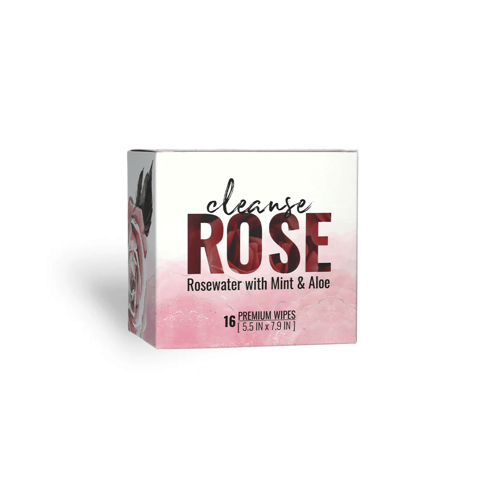 Box of Alchemy Cleanse Rose rosewater wipes on a white background