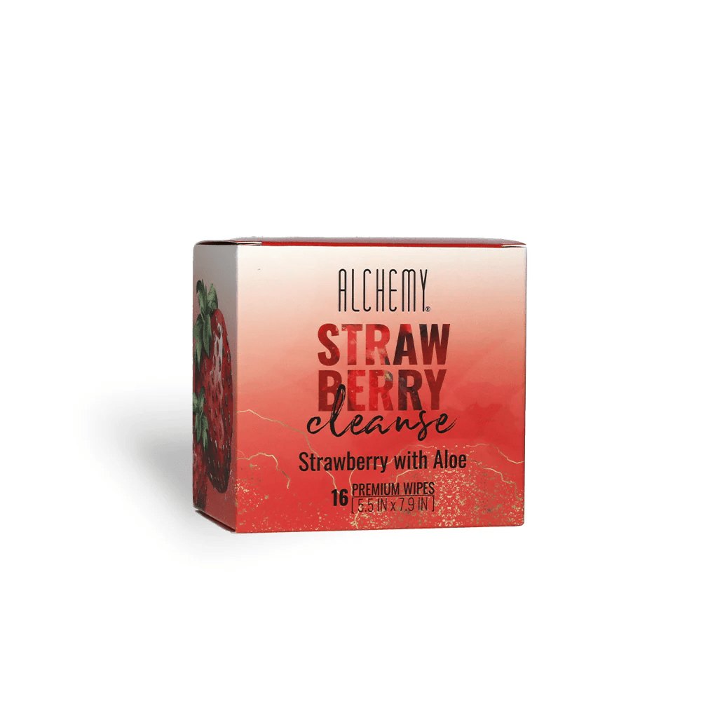 Box of Alchemy Strawberry Cleanse wipes on a white background