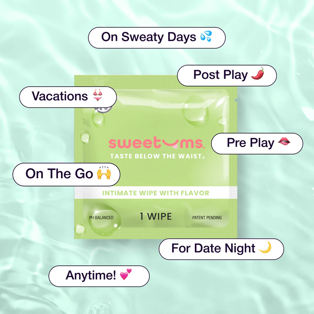 Sweetums intimate wipe packet with text on a light blue background