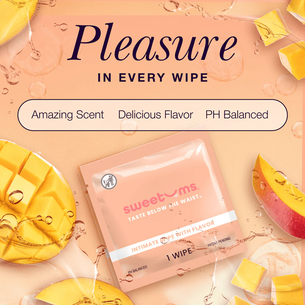 Sweetums flavored intimate wipes packaging with mango slices and text highlighting features on a peach background: "Pleasure in every wipe: amazing scent, delicious flavor, pH balanced"