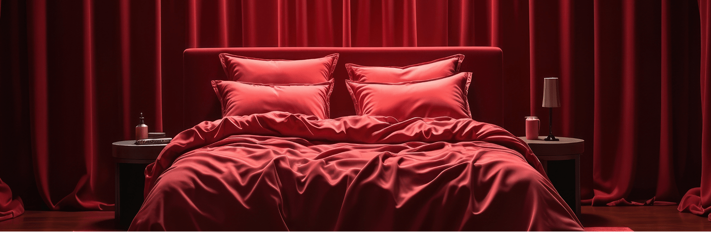 Bed with red bedding and pillows in a room with red curtains