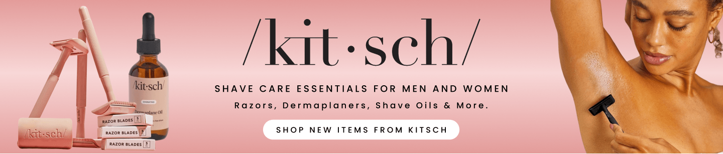 Kitsch shave care essentials for men and women: razors, dermaplaners, shave oils, and more - dark text and photos of products and woman shaving with a razor on a pink background