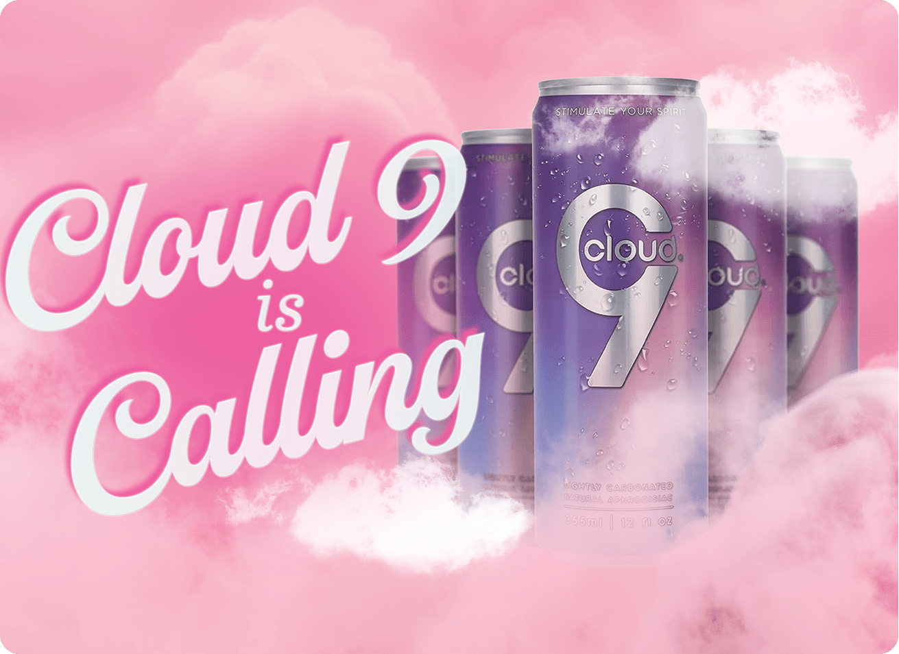 Amazing Intimate Essentials Valentine's Day 2026: "Cloud 9 is Calling" light pink text and cans of Cloud 9 Aphrodisiac drink among pink clouds