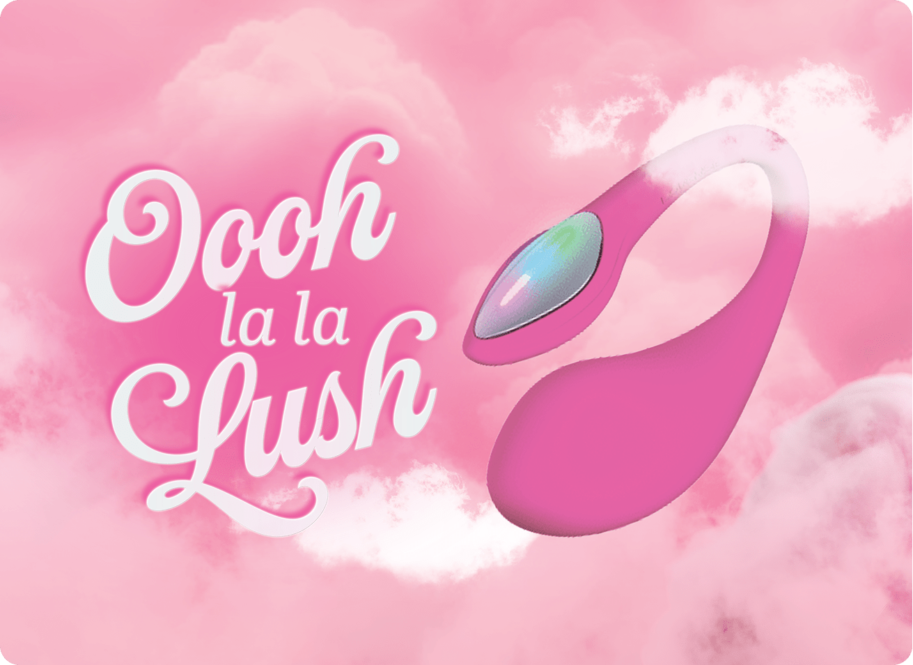 Amazing Intimate Essentials Valentine's Day 2026: "Oooh la la Lush" light pink text and a Lovense Lush 4 App-Connected G-Spot Vibrator among pink clouds